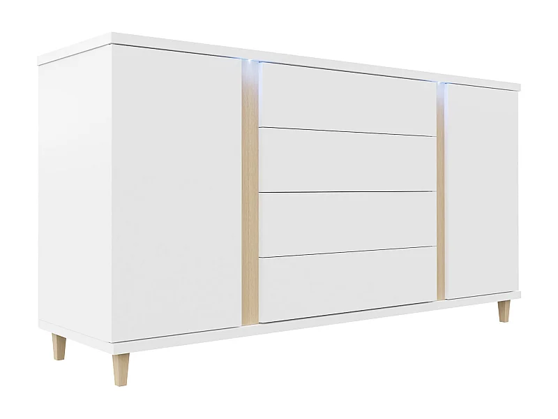 Commode Livseri 103, Blanc|Clair bois|Blanc brillant, Tiroirs et portes, 88x180x40cm