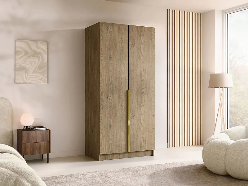 Armoire Closico 195, Doré|Clair bois, 215x100x58cm, Portes d'armoire: Avec des charnières