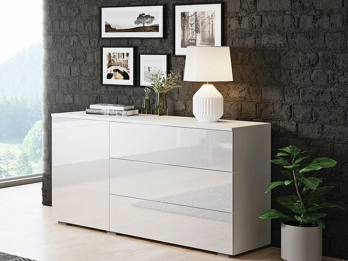 Commode Sarasota 128, Blanc|Blanc brillant, Tiroirs et portes, Nombre de tiroirs: 3, 68cm