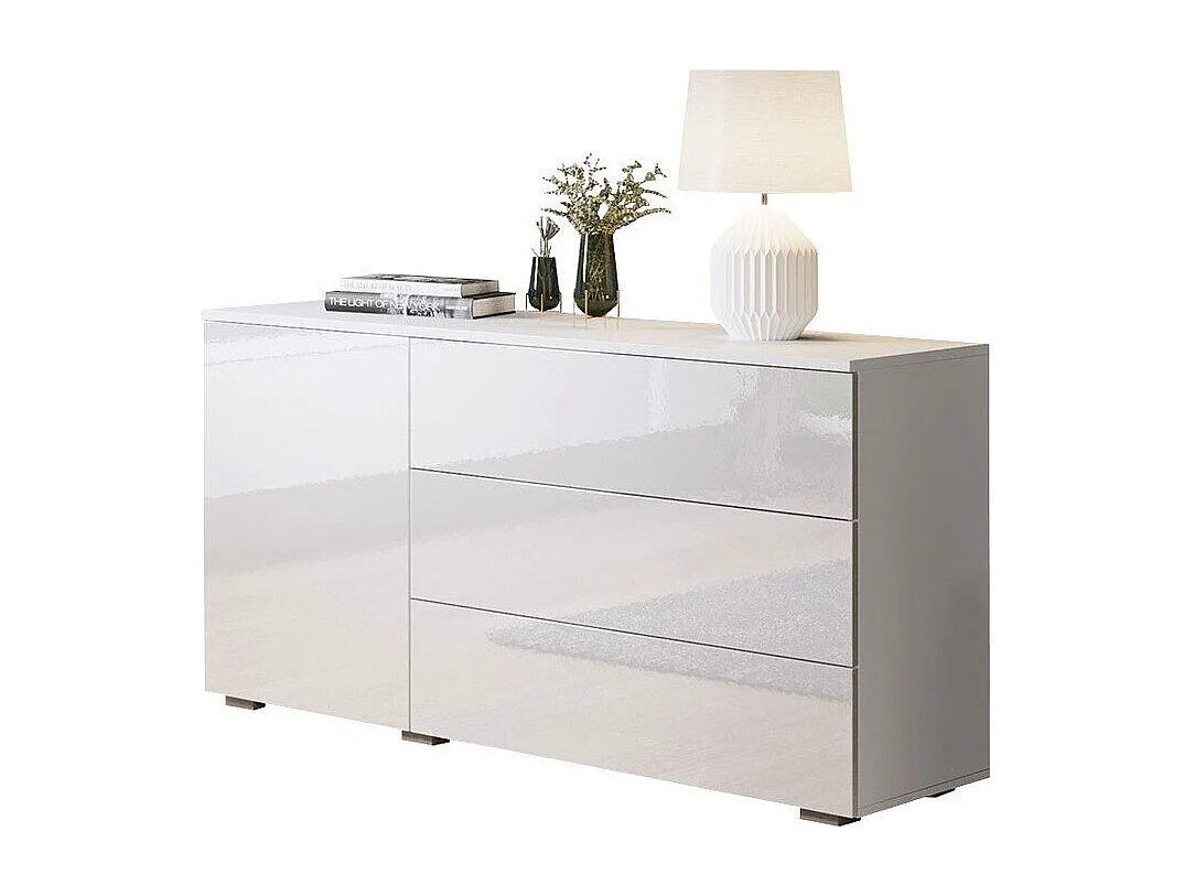Commode Sarasota 128, Blanc|Blanc brillant, Tiroirs et portes, Nombre de tiroirs: 3, 68cm