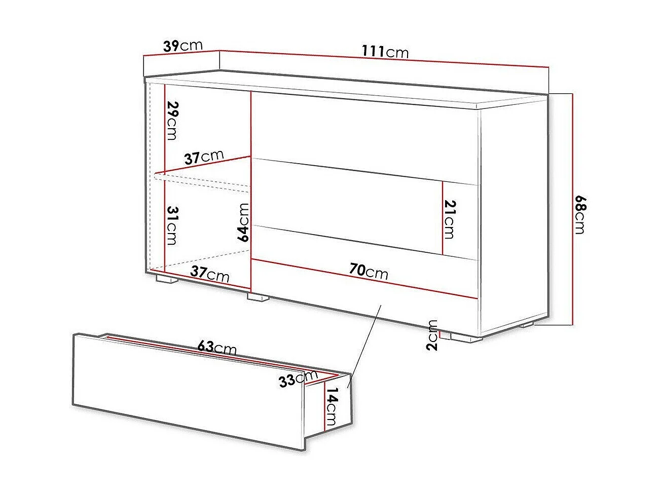 Commode Sarasota 128, Blanc|Blanc brillant, Tiroirs et portes, Nombre de tiroirs: 3, 68cm