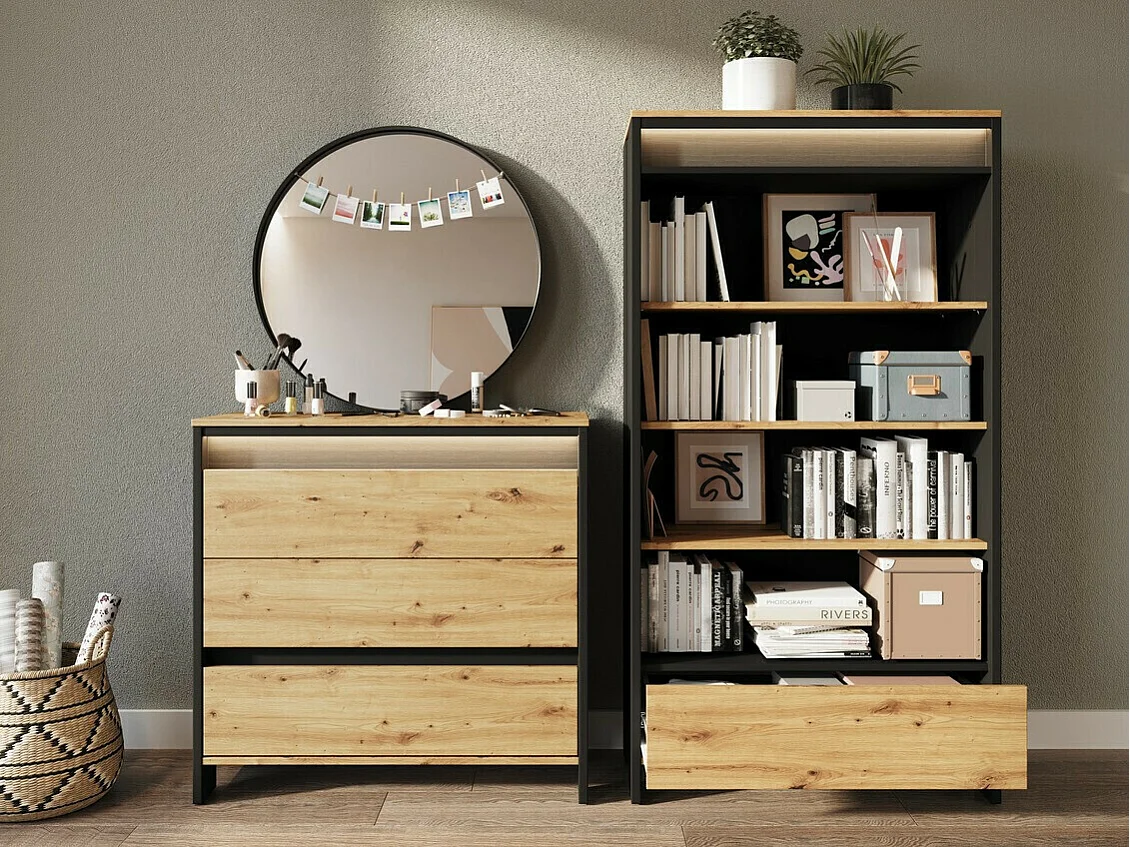 Commode Lomsevu 103, Chêne Artisan|Noir, Avec tiroirs, Nombre de tiroirs: 3, 89x92x38cm