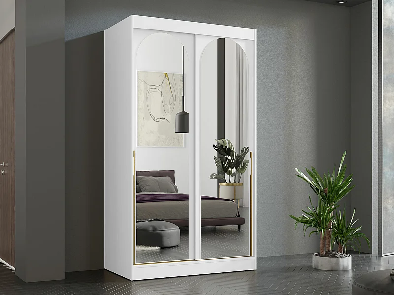 Armoire Toledo 130, Blanc|Doré, 216x120x65cm, Portes d'armoire: Coulissantes