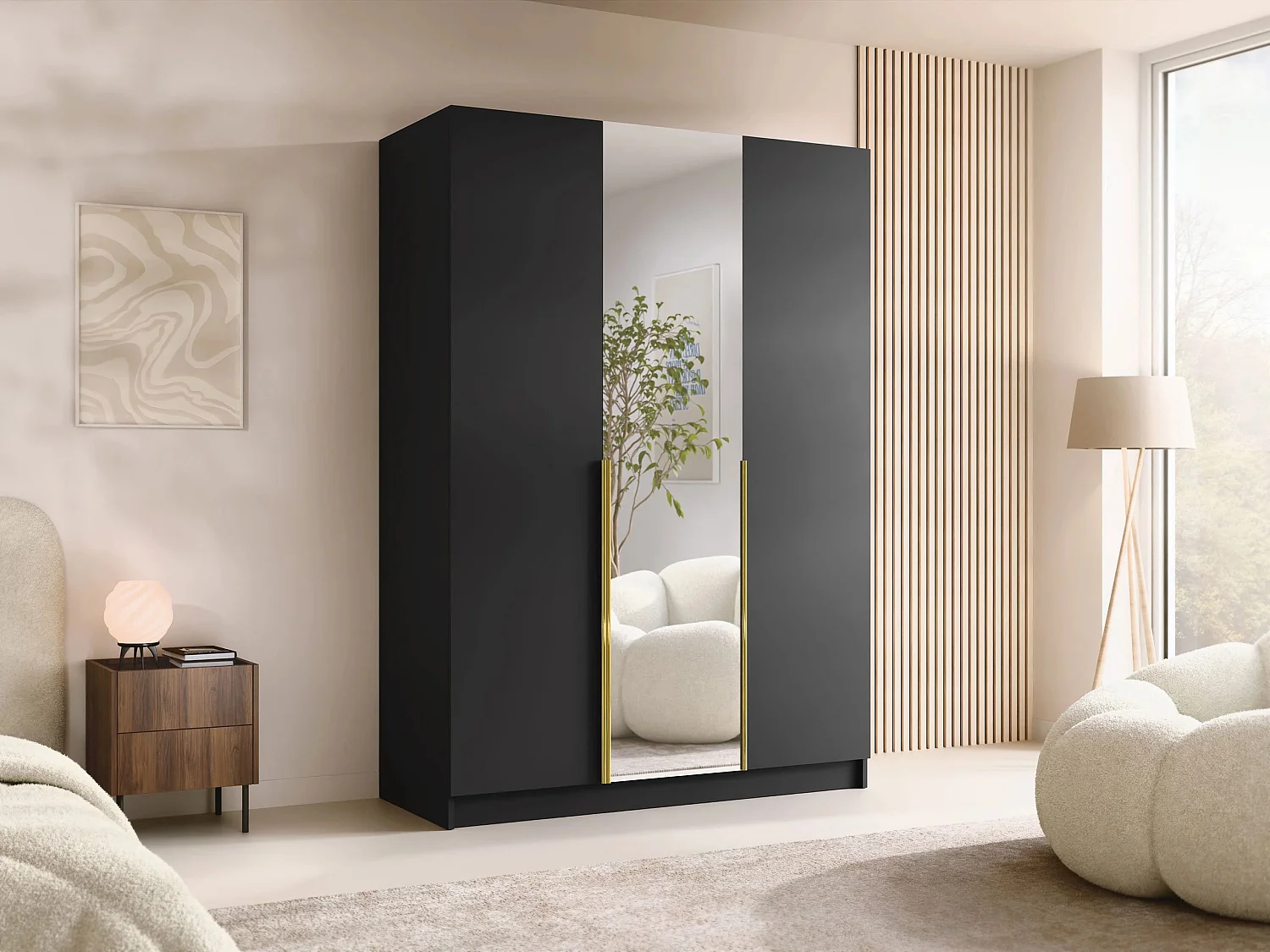 Armoire Closico 197, Noir|Doré, 215x150x58cm, Portes d'armoire: Avec des charnières