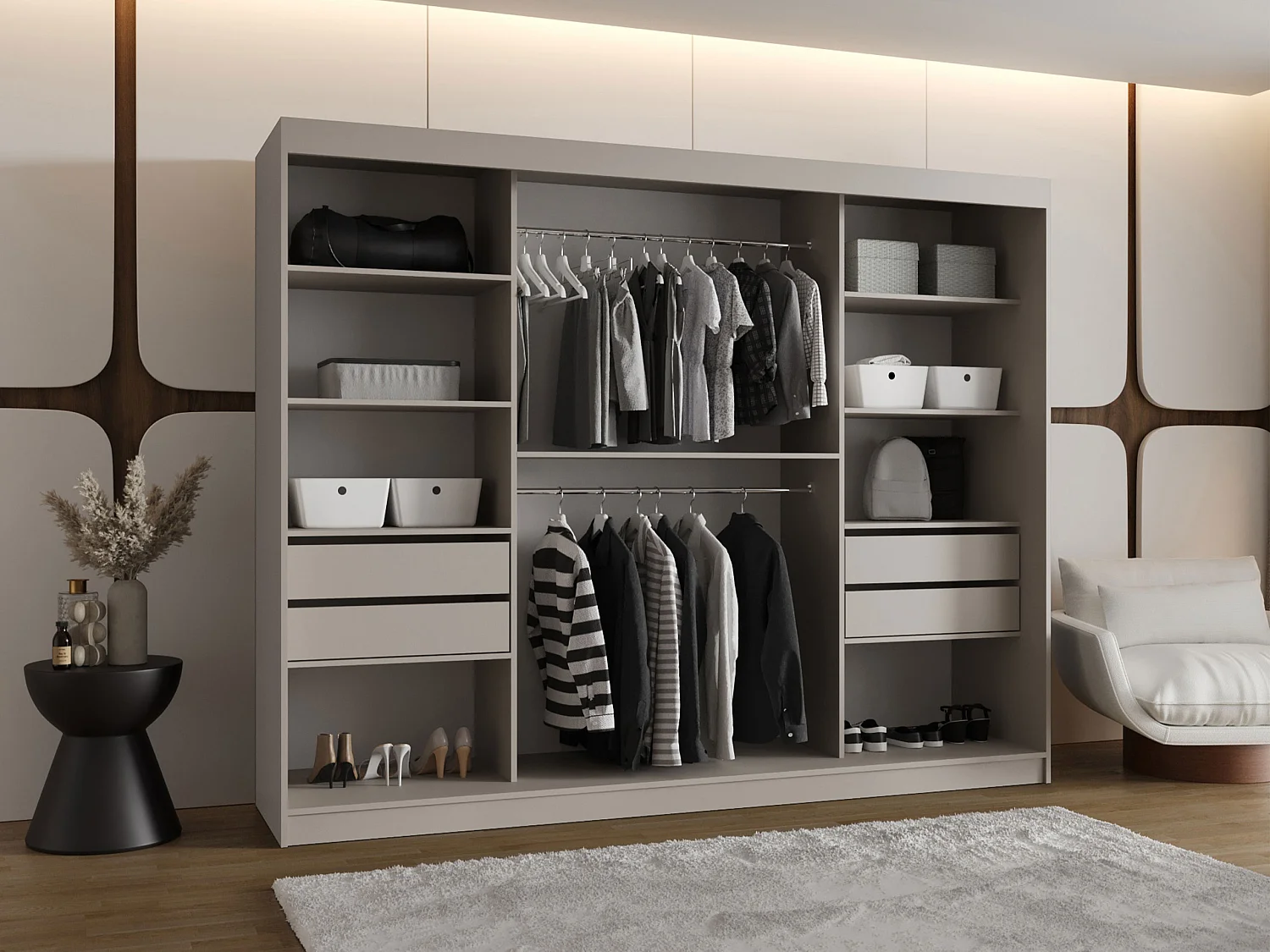 Armoire Hartford 522, Noir, 200x250x62cm, Portes d'armoire: Coulissantes