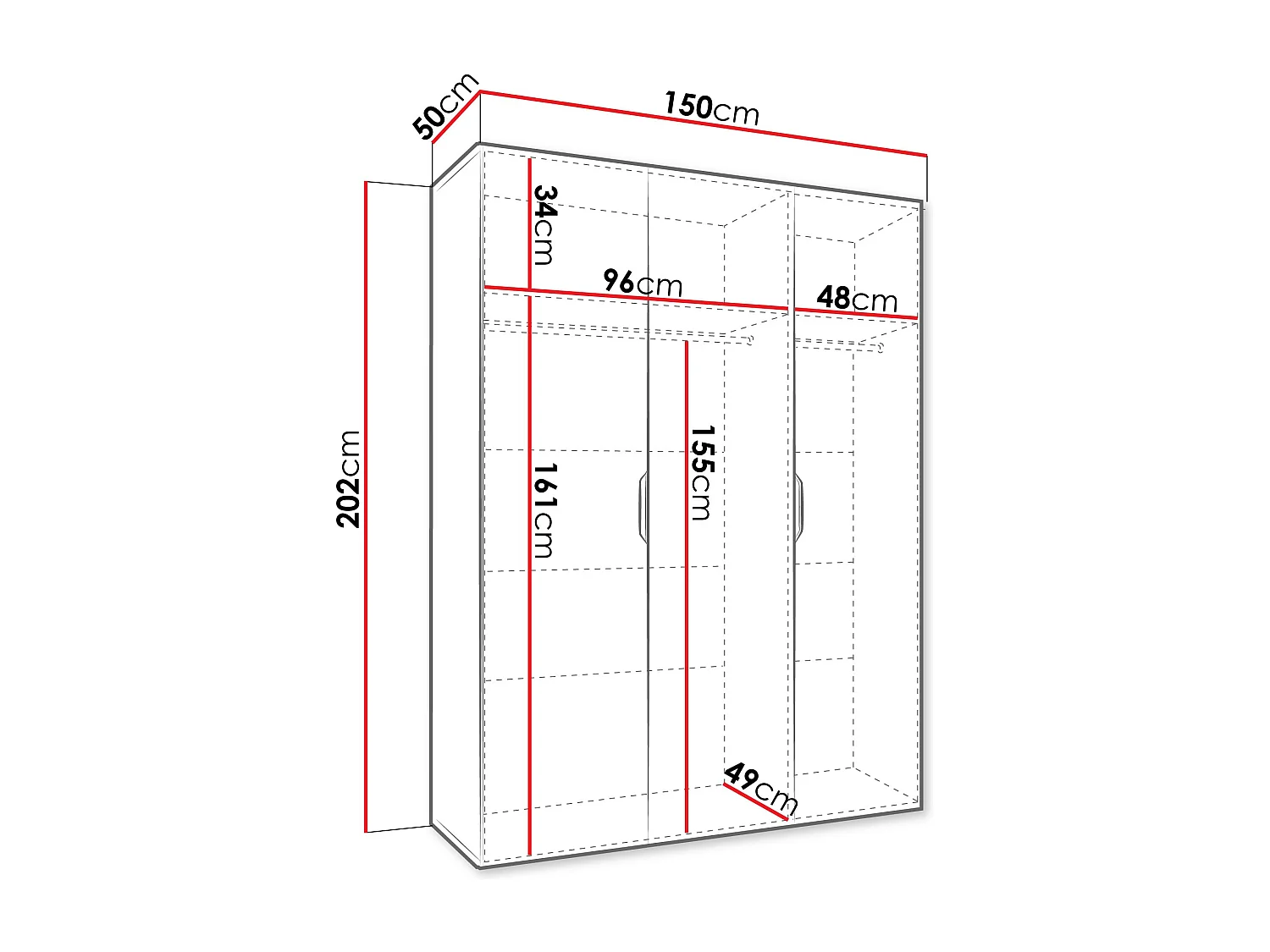 Armoire Hartford 511, Noir, 202x150x50cm, Portes d'armoire: Avec des charnières
