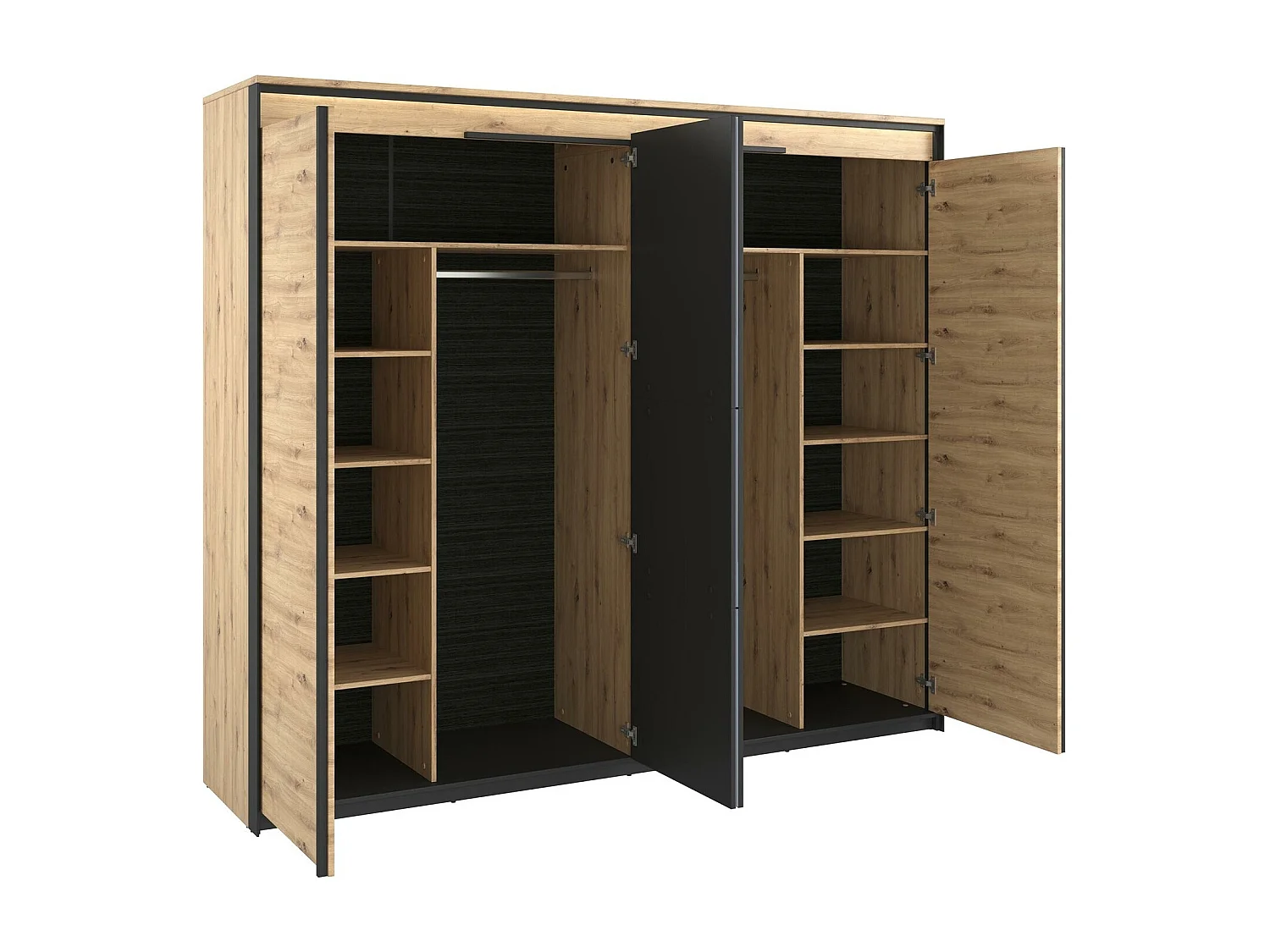 Armoire Luliru 115, Chêne Artisan|Noir, 221x250x63cm, Nombre d'étagères: 10