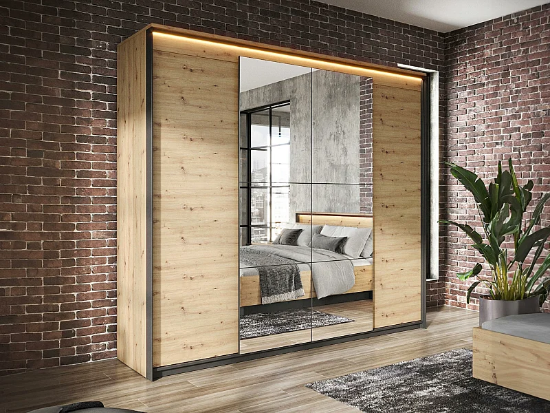 Armoire Luliru 115, Noir|Chêne Artisan, 221x250x63cm, Nombre d'étagères: 10