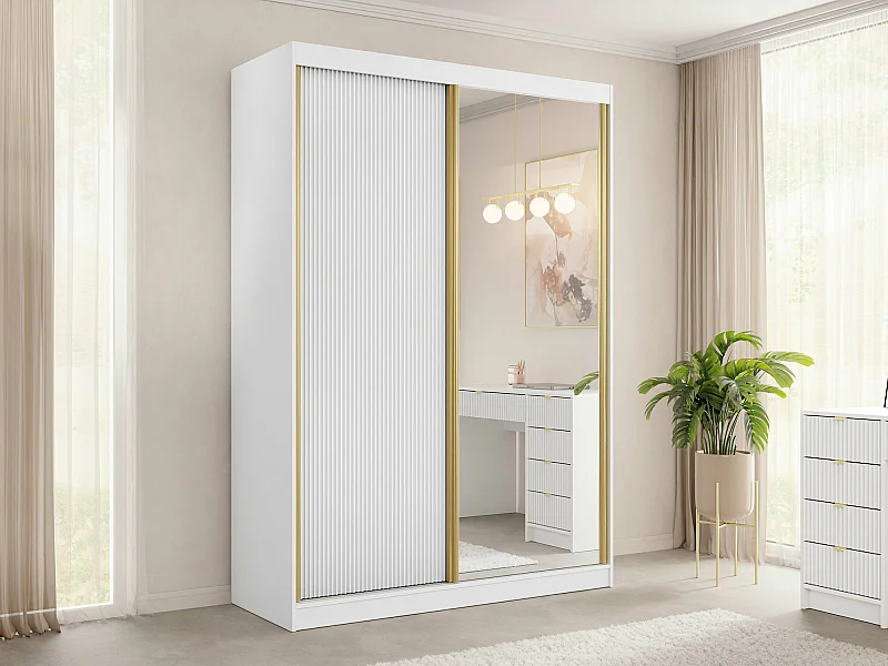 Armoire Comfivo Larmire 124, Doré|Blanc, 216x151x60cm, Portes d'armoire: Coulissantes