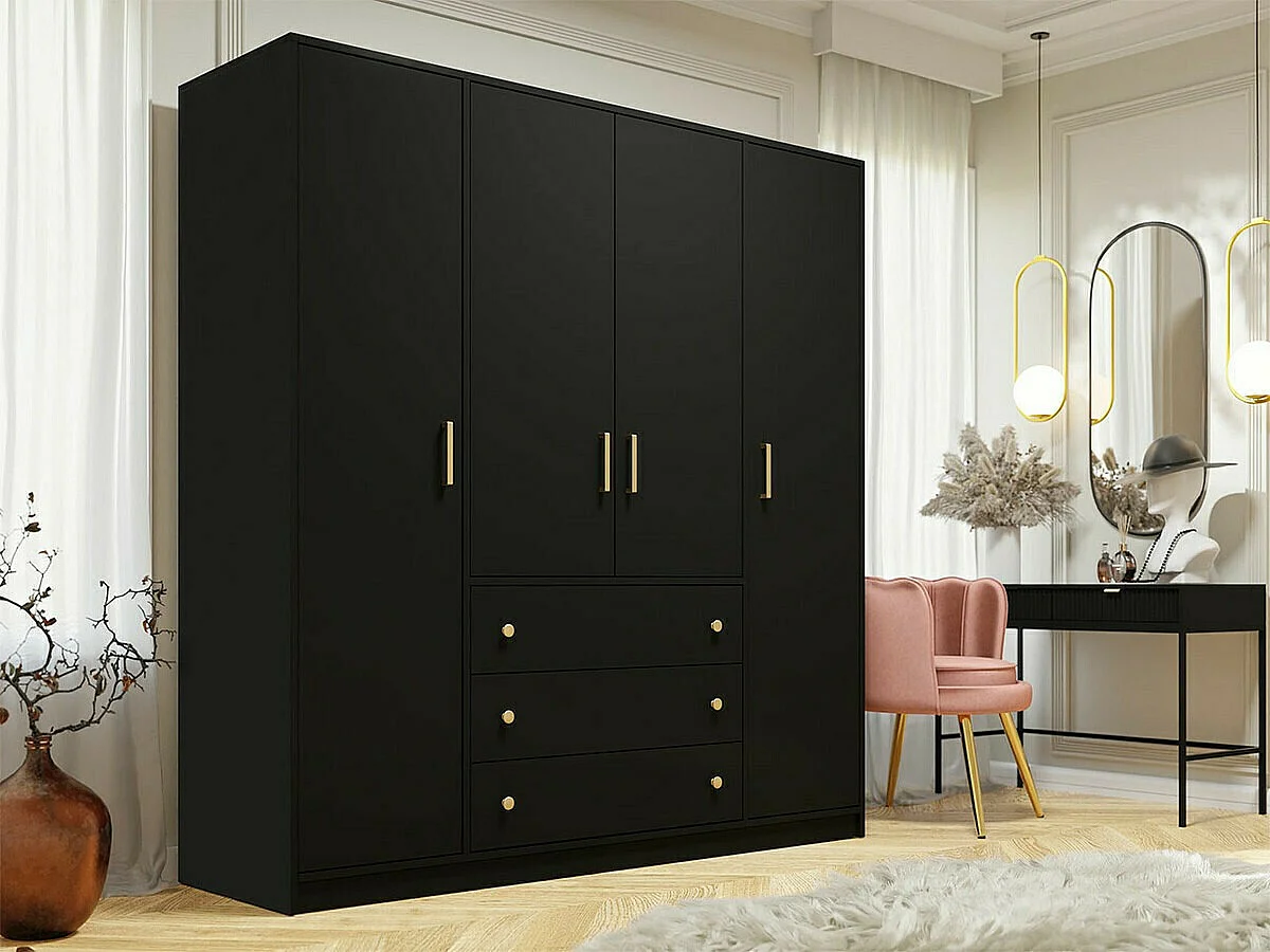 Armoire Honolulu 252, Noir|Doré, 200x196x58cm, Portes d'armoire: Avec des charnières