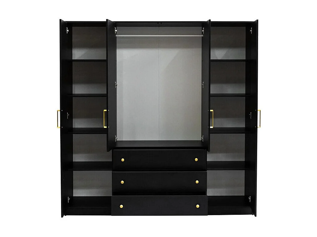 Armoire Honolulu 252, Noir|Doré, 200x196x58cm, Portes d'armoire: Avec des charnières