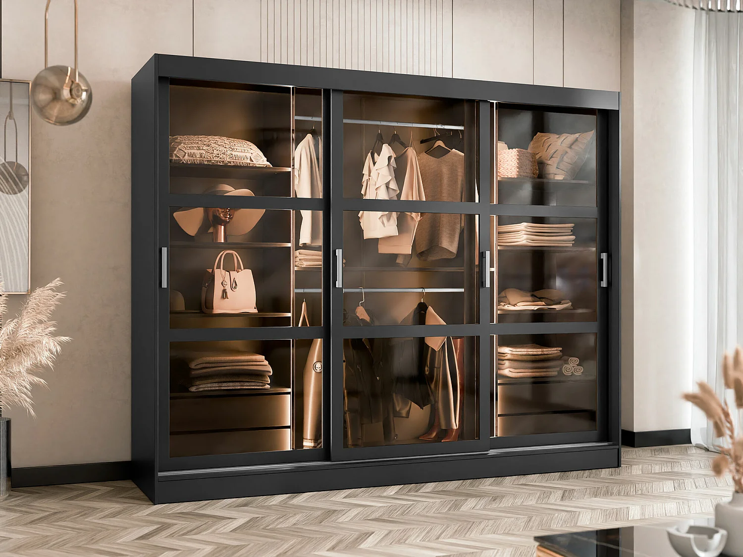 Armoire Comfivo 428, Noir, 203x250x65cm, Portes d'armoire: Coulissantes