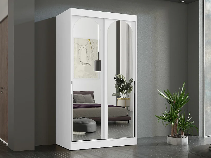 Armoire Toledo 130, Blanc|Noir, 216x120x65cm, Portes d'armoire: Coulissantes