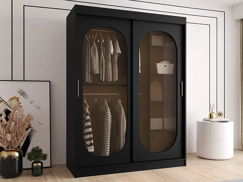 Armoire Hartford 519, Noir, 200x150x62cm, Portes d'armoire: Coulissantes