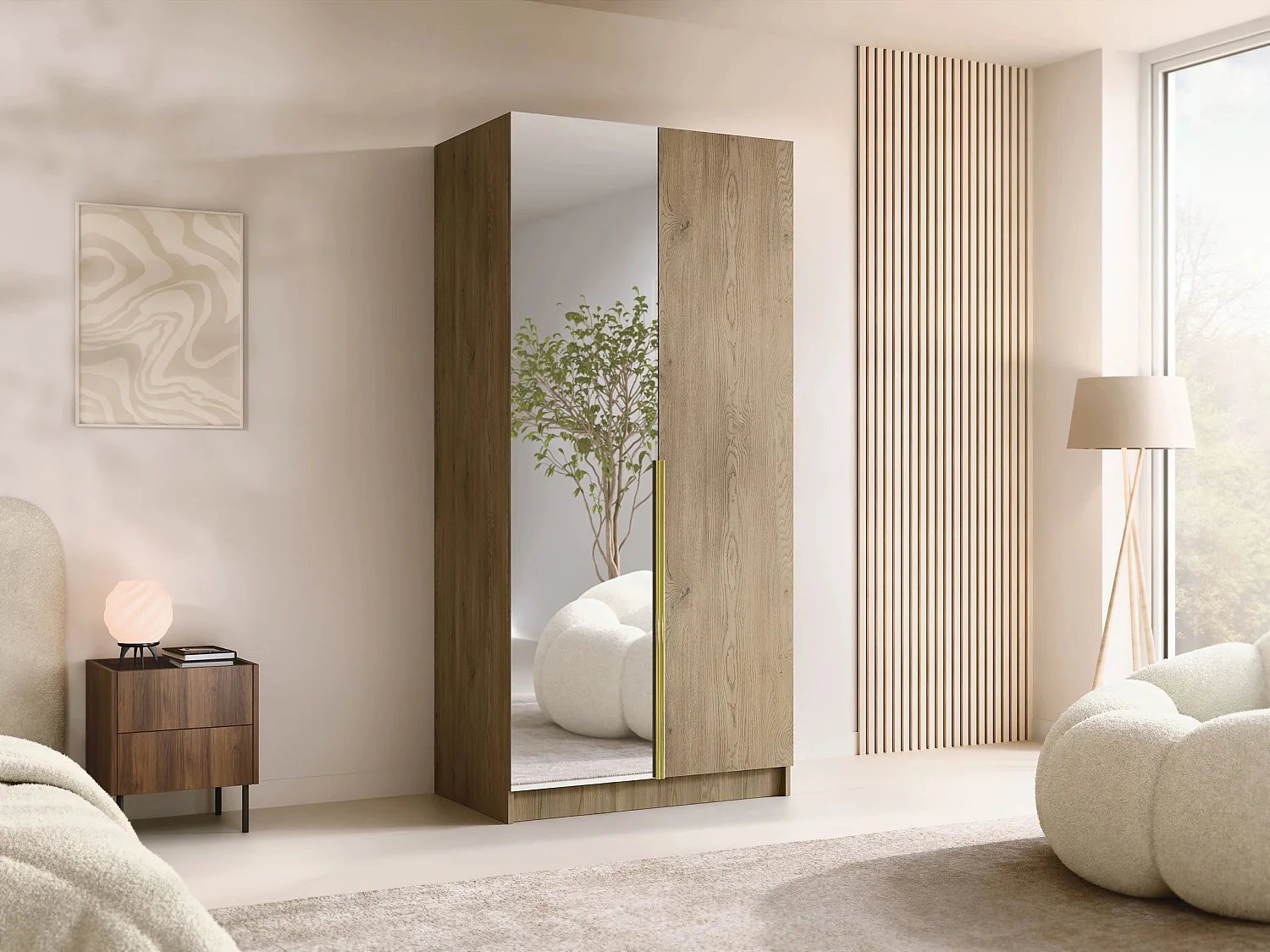 Armoire Closico 194, Doré|Clair bois, 215x100x58cm, Portes d'armoire: Avec des charnières