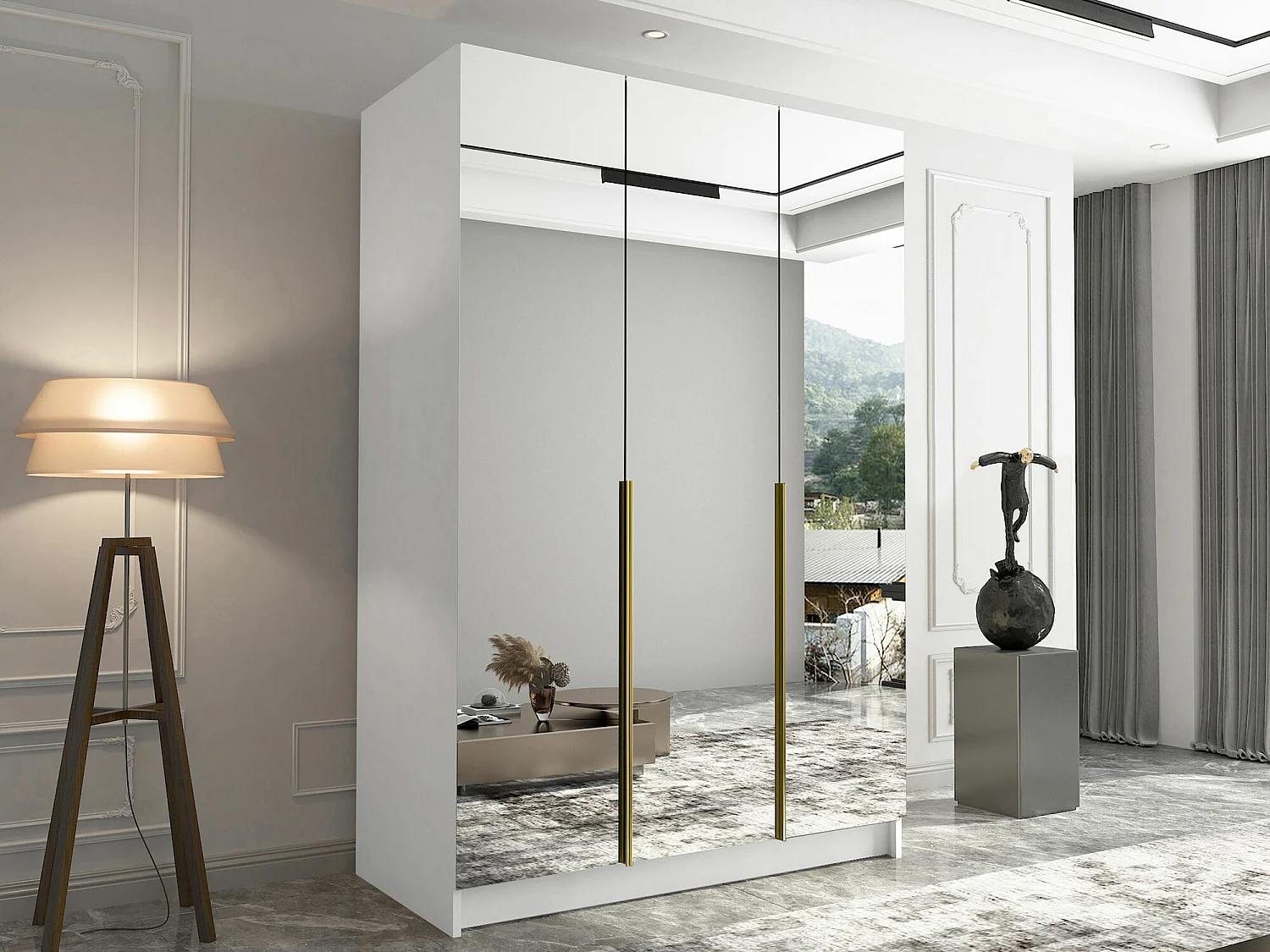 Armoire Closico 196, Doré|Blanc, 215x150x58cm, Portes d'armoire: Avec des charnières