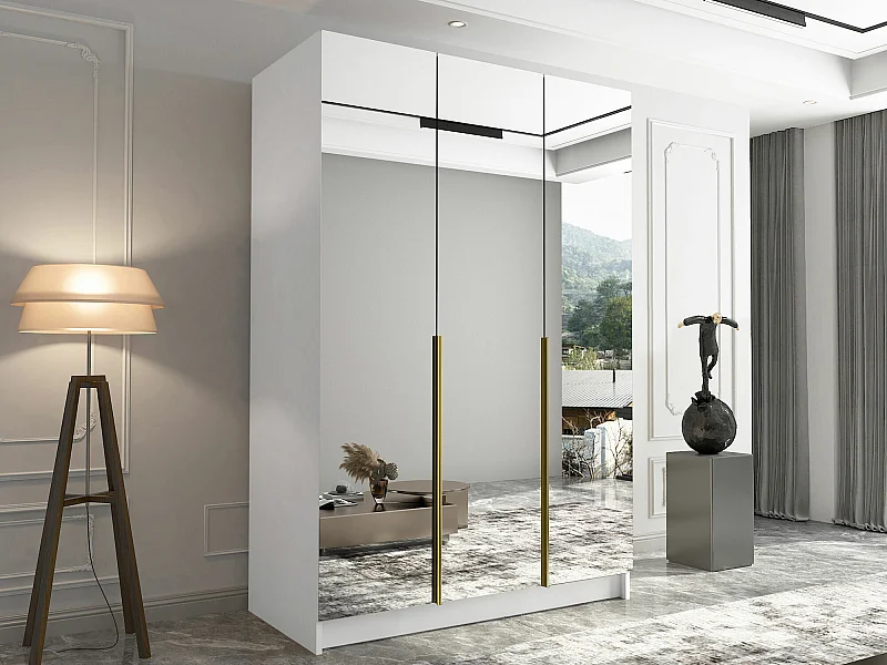 Armoire Closico 196, Doré|Blanc, 215x150x58cm, Portes d'armoire: Avec des charnières