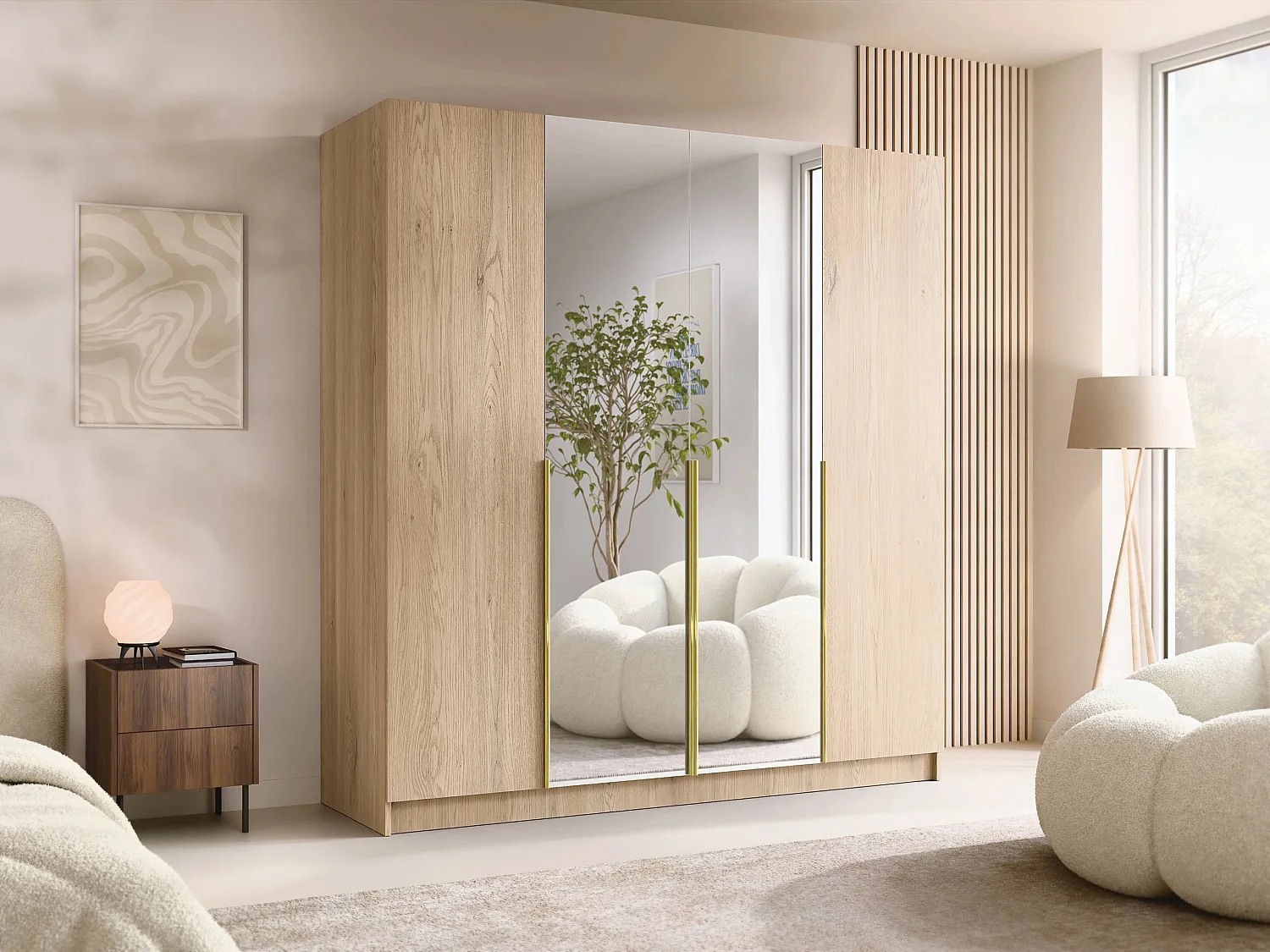 Armoire Closico 191, Doré|Clair bois, 215x200x58cm, Portes d'armoire: Avec des charnières