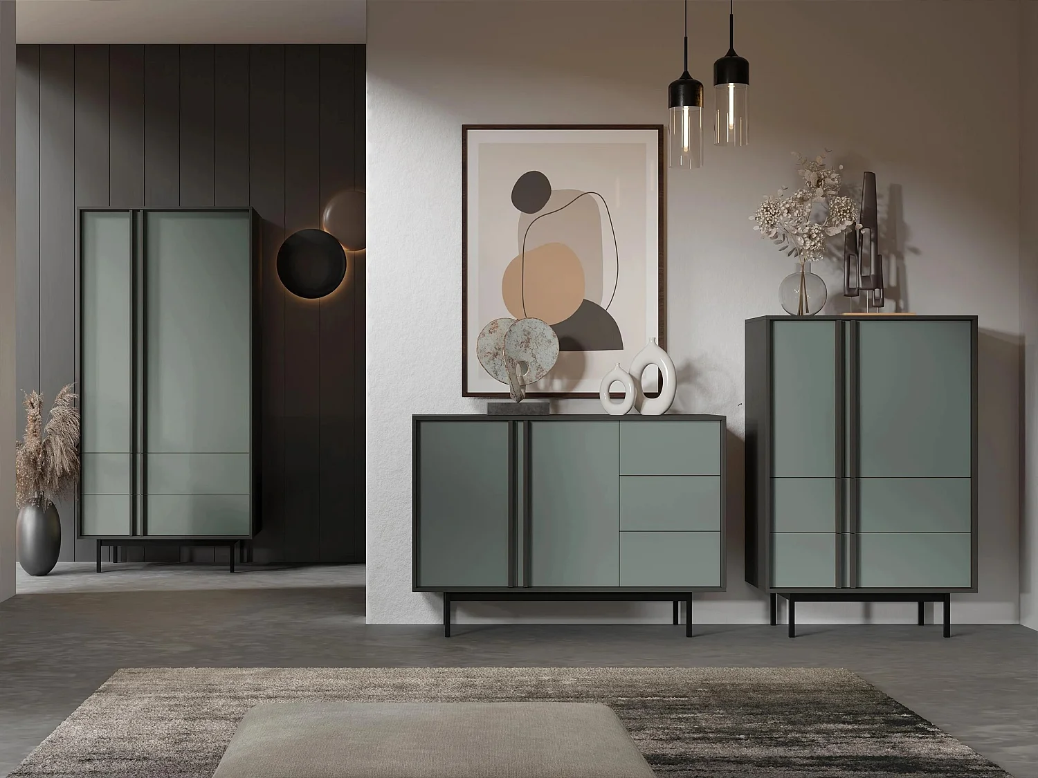 Armoire Levali 100, Anthracite|Vert poussiéreux, 195x93x60cm