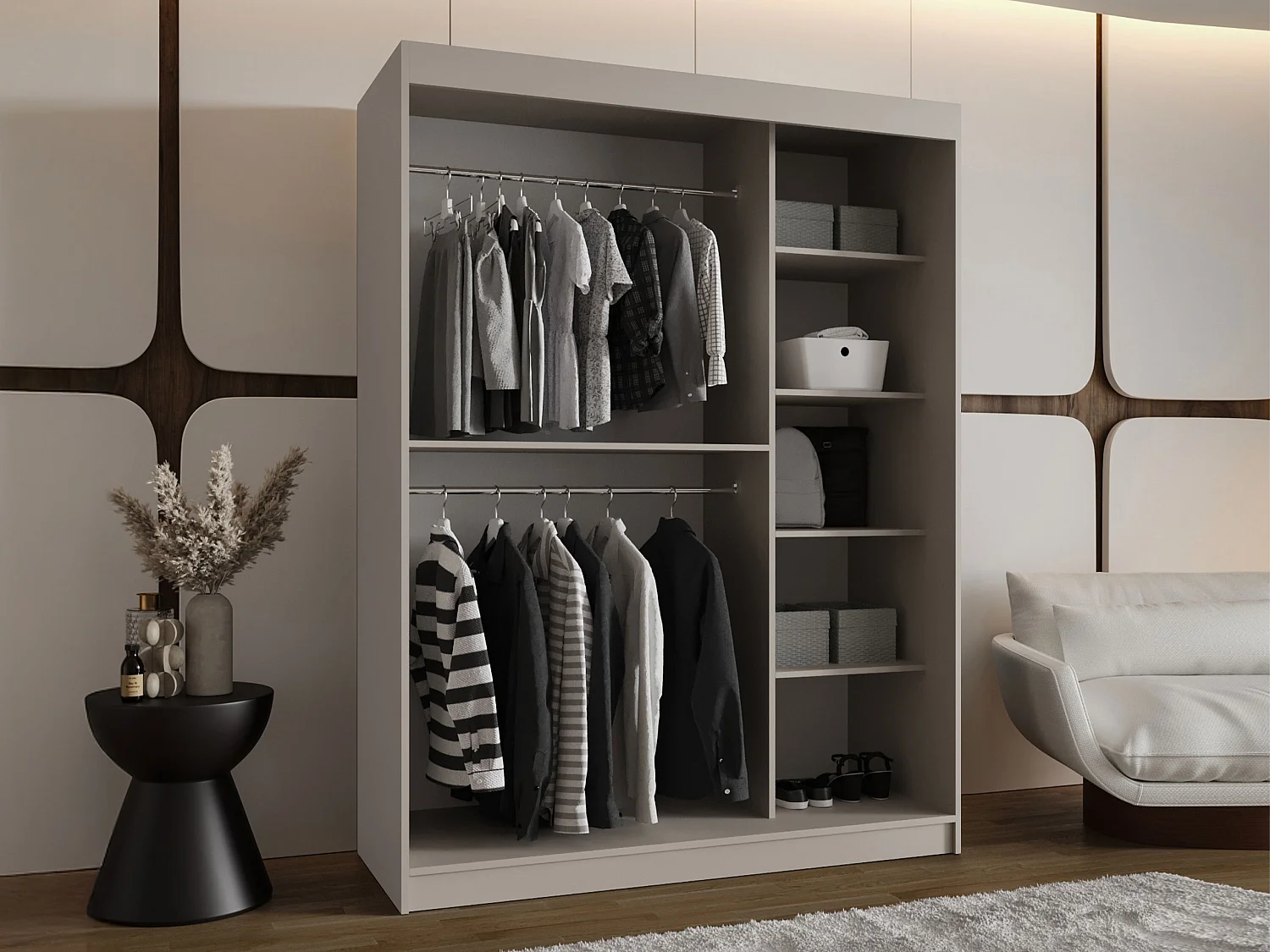 Armoire Hartford 519, Noir, 200x150x62cm, Portes d'armoire: Coulissantes