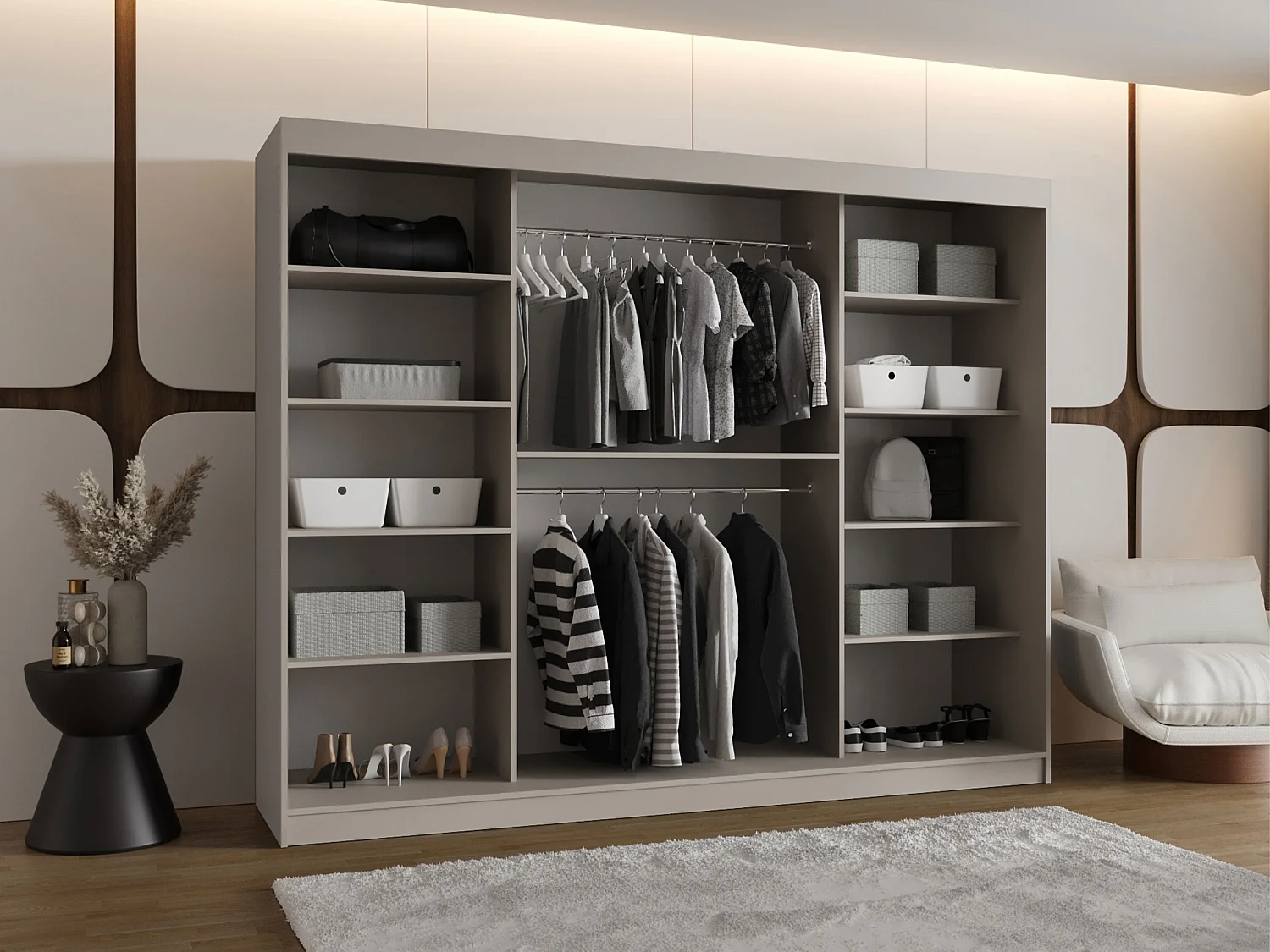 Armoire Hartford 522, Noir, 200x250x62cm, Portes d'armoire: Coulissantes