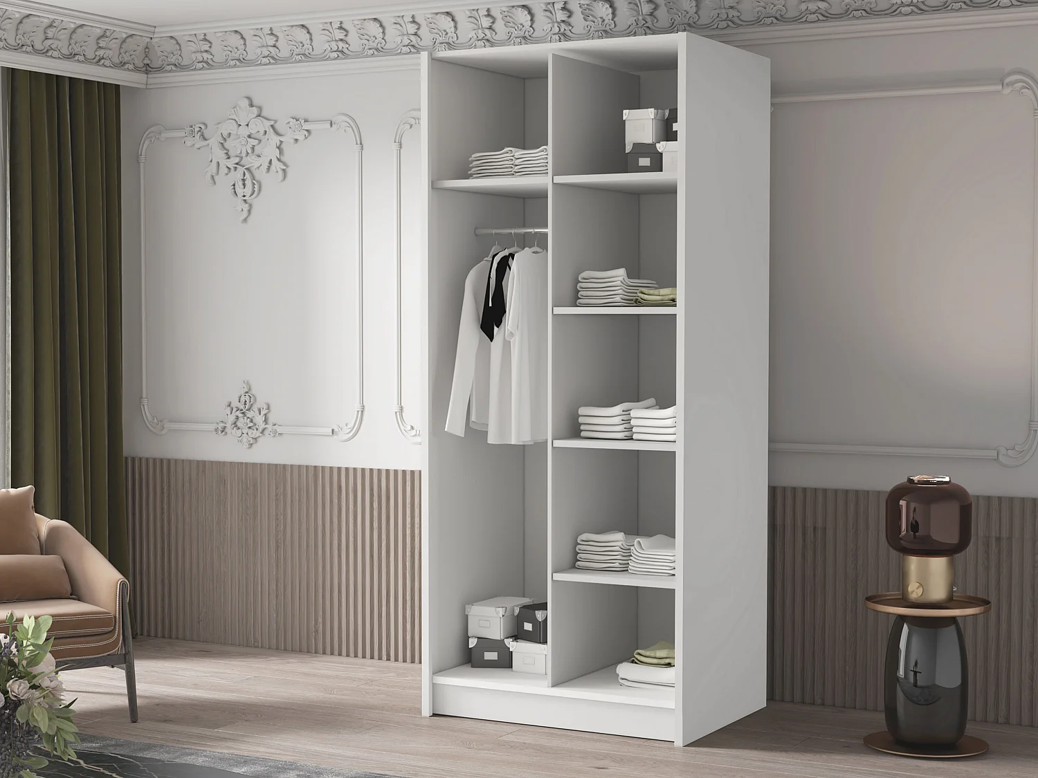 Armario Closico Staton I, Negro|Blanco|Blanco brillante, 215x100x58cm