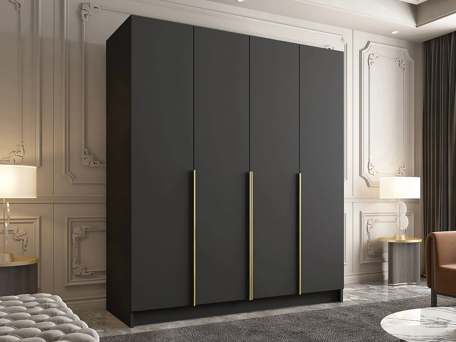 Armoire Closico 192, Doré|Noir, 215x200x58cm, Portes d'armoire: Avec des charnières