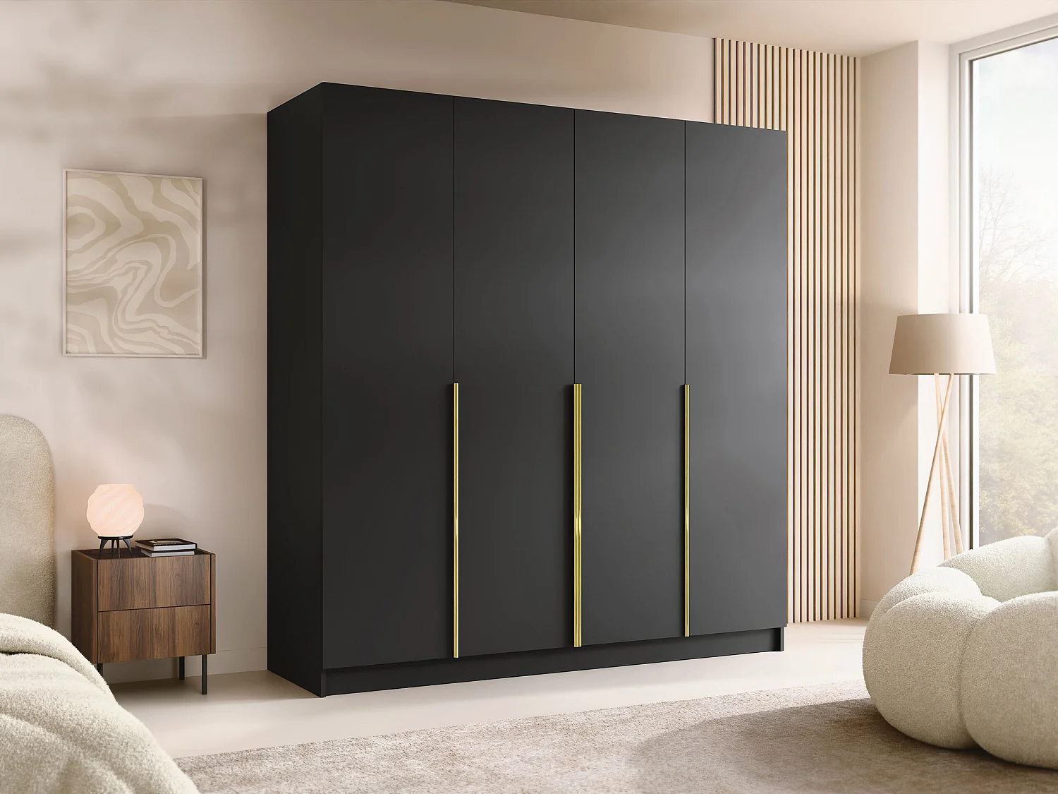 Armoire Closico Navor I, Noir|Doré, 215x200x58cm, Portes d'armoire: Avec des charnières