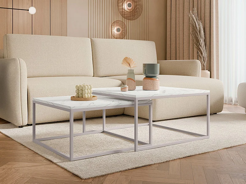 Ensemble tables basses Oswego 133, Marbre blanc|Cachemire, 39x76x76cm, Stratifié