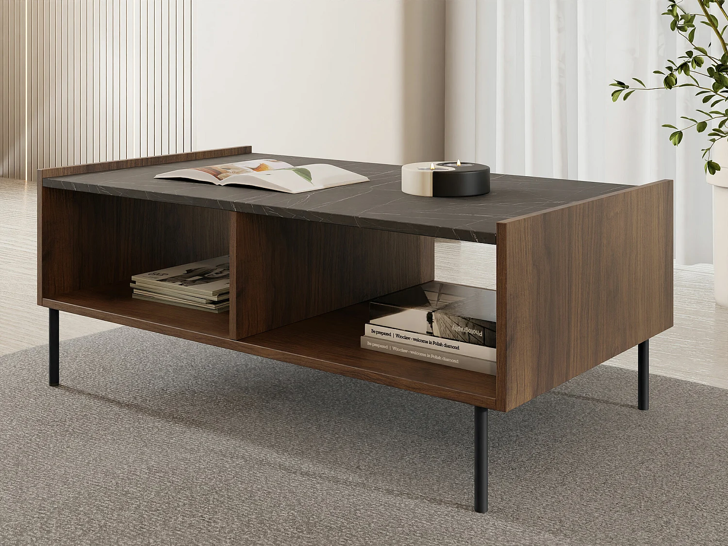 Table basse Comfivo Belviro 102, Marbre noir|Noyer, 39x60x97cm, Stratifié, Angulaire