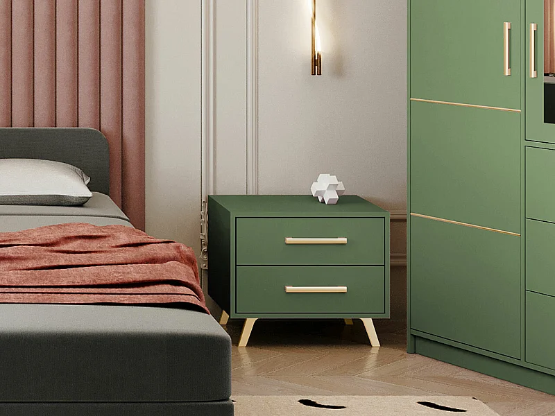 Table de chevet Delbalo 104, Vert|Doré, Nombre de tiroirs: 2, 48x54x41cm, Stratifié