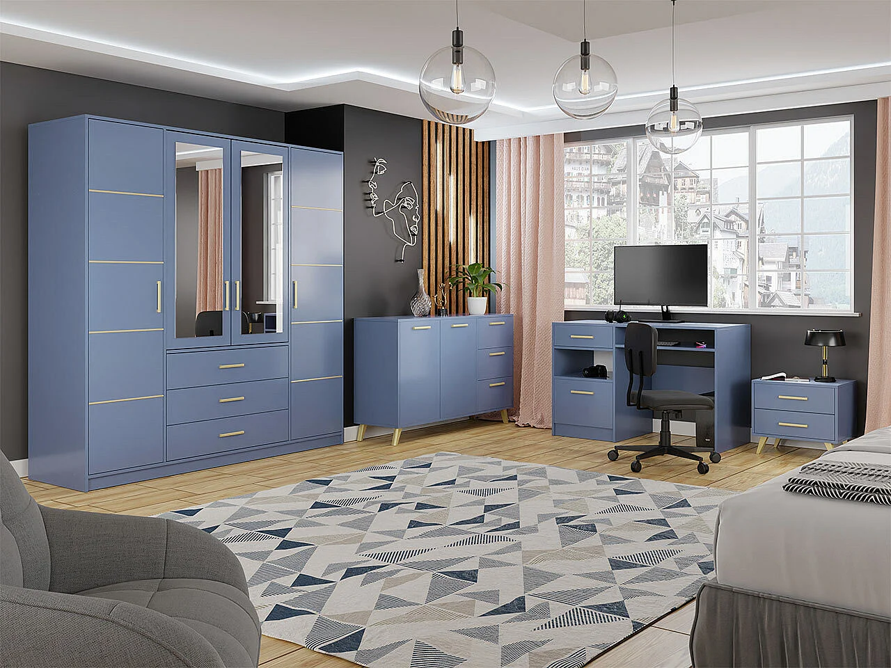 Commode Delbalo 103, Bleu|Doré, Tiroirs et portes, Nombre de tiroirs: 3, 86x139x41cm