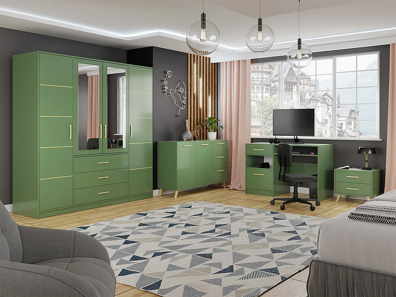 Commode Delbalo 103, Doré|Vert, Tiroirs et portes, Nombre de tiroirs: 3, 86x139x41cm