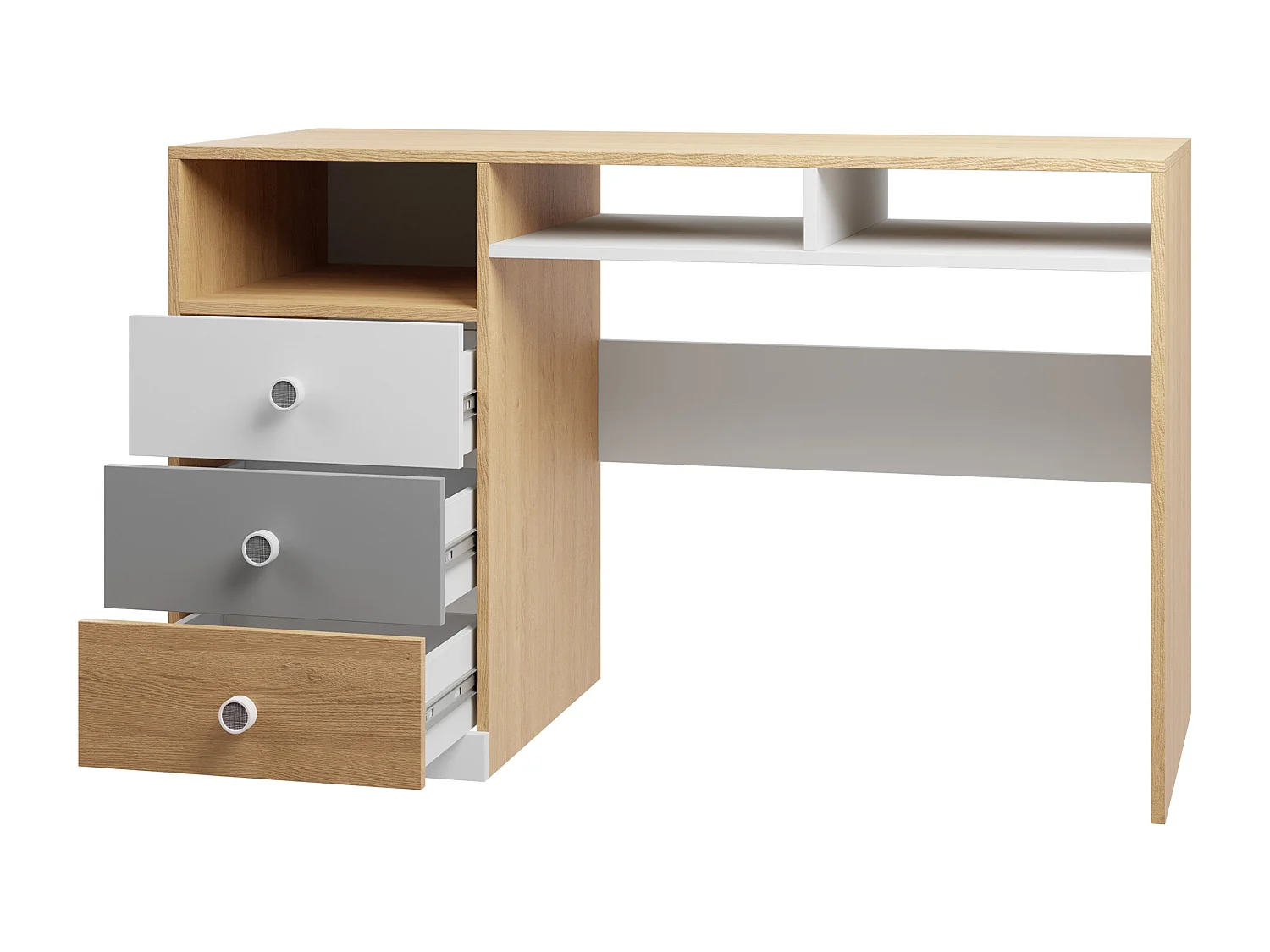 Bureau Tesmonu 107, Avec tiroirs, Nombre de tiroirs: 3, 76x125x55cm, Blanc|Chêne|Gris