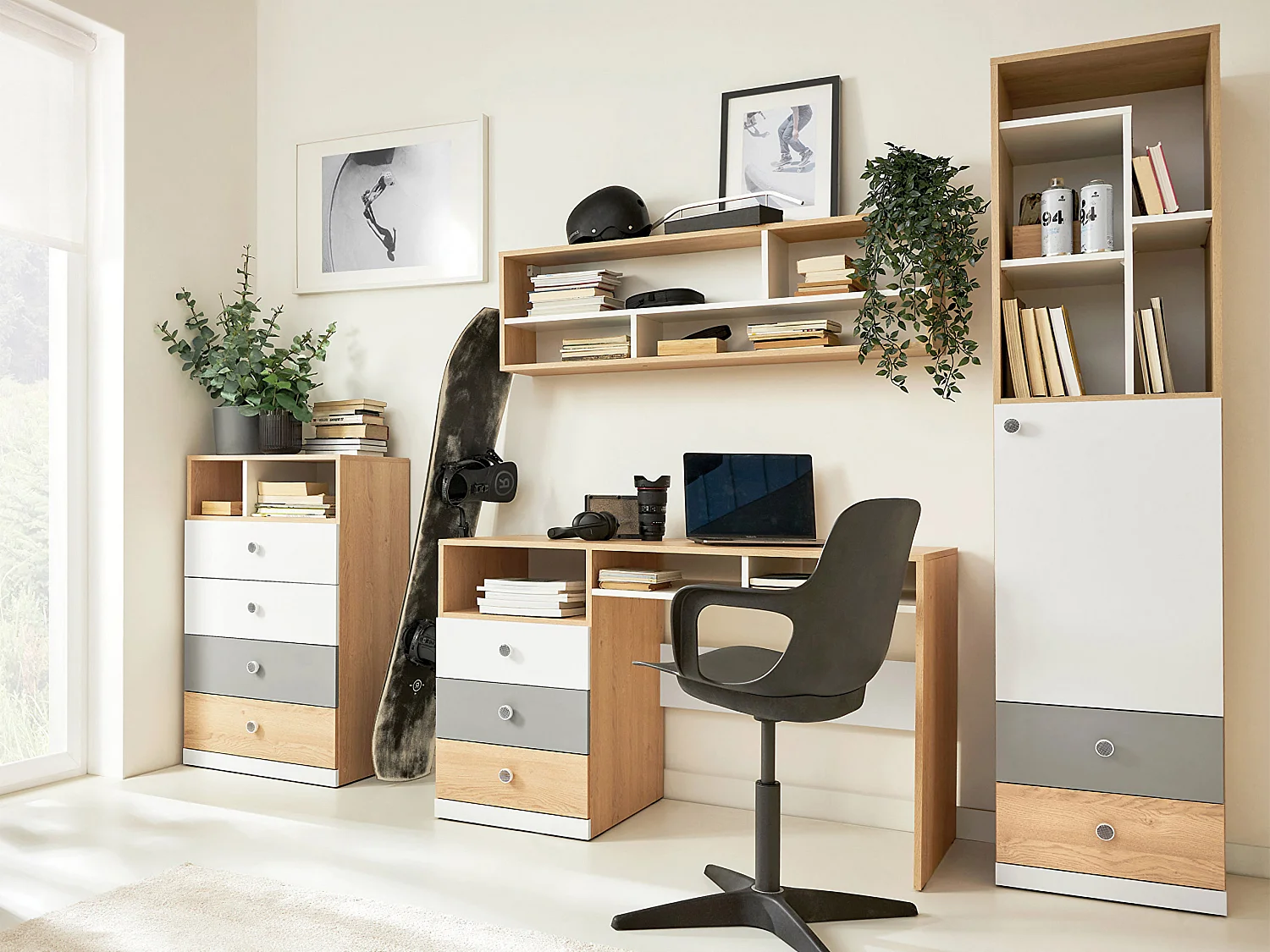 Bureau Tesmonu 107, Avec tiroirs, Nombre de tiroirs: 3, 76x125x55cm, Blanc|Chêne|Gris