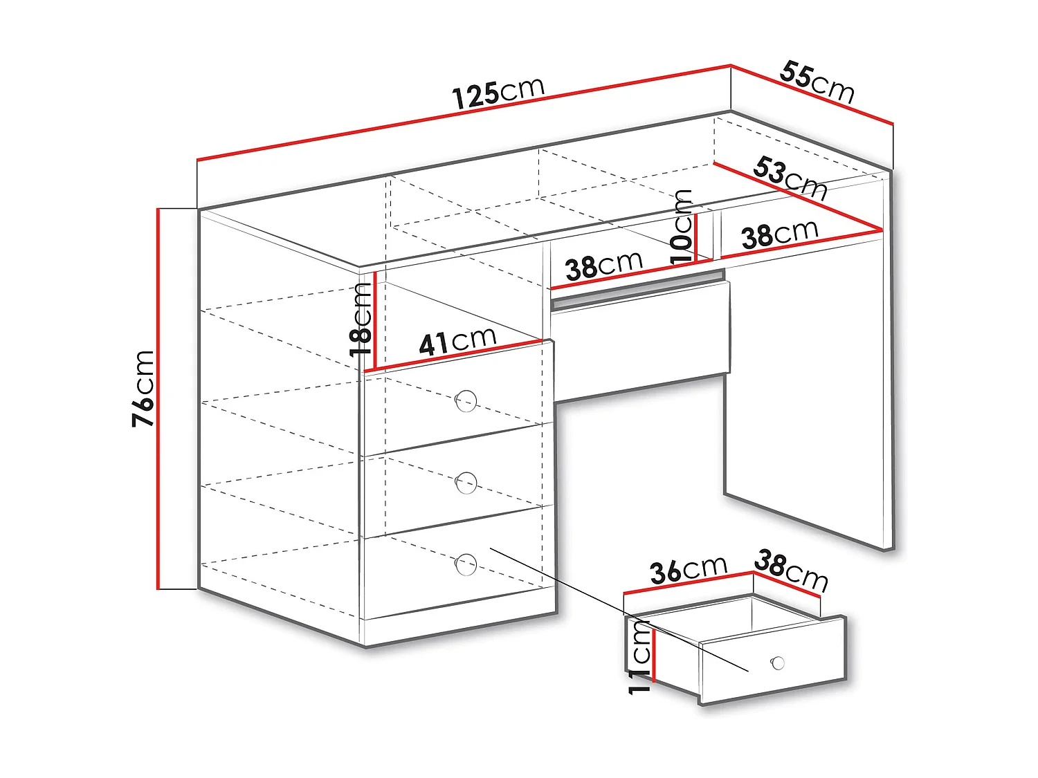 Bureau Tesmonu 107, Avec tiroirs, Nombre de tiroirs: 3, 76x125x55cm, Blanc|Chêne|Gris