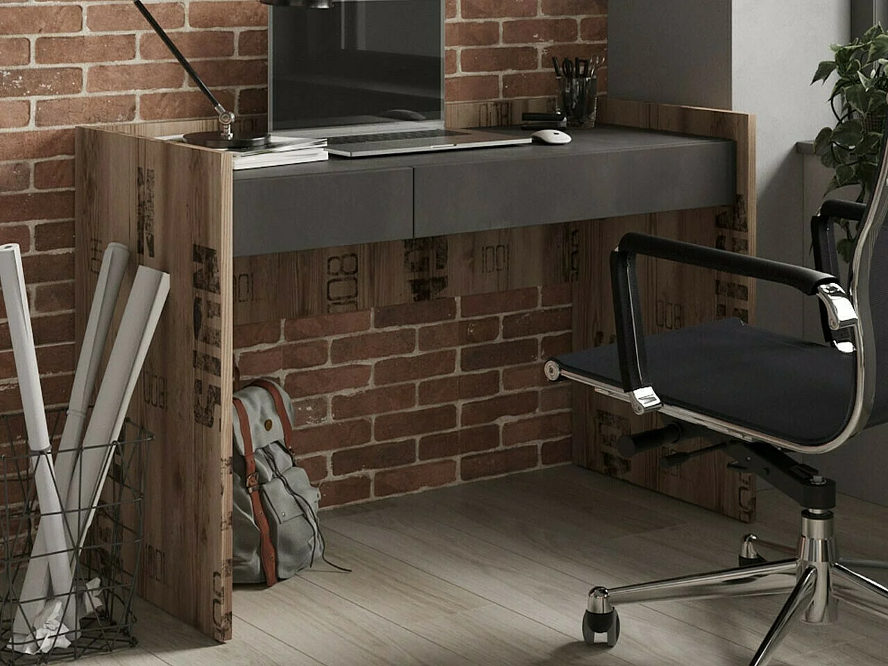 Bureau Tivtivi 105, Avec tiroirs, Nombre de tiroirs: 2, 74x120x55cm, Canyon chêne|Gris