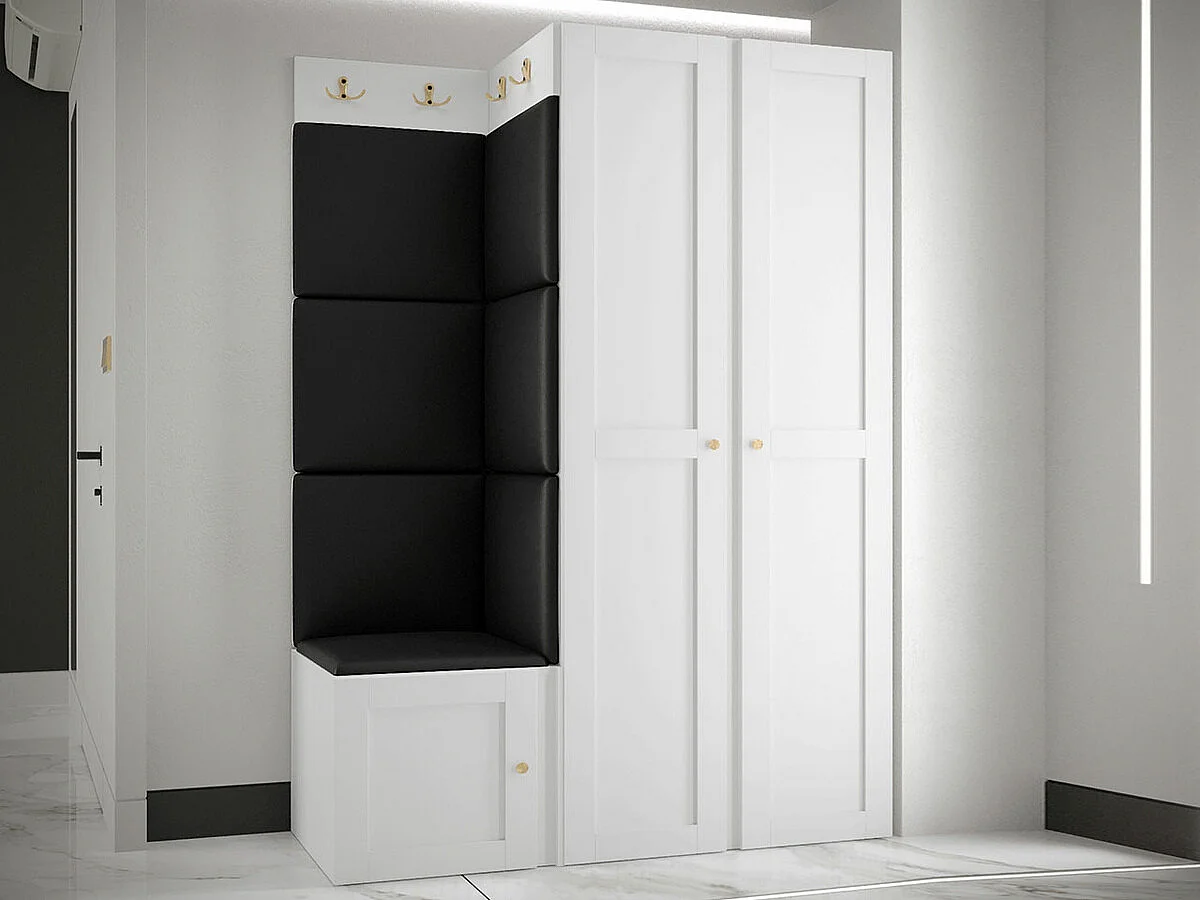 Meuble d'entrée Hartford 379, 186x116x46cm, Noir|Blanc, Stratifié|Faux cuir|MDF