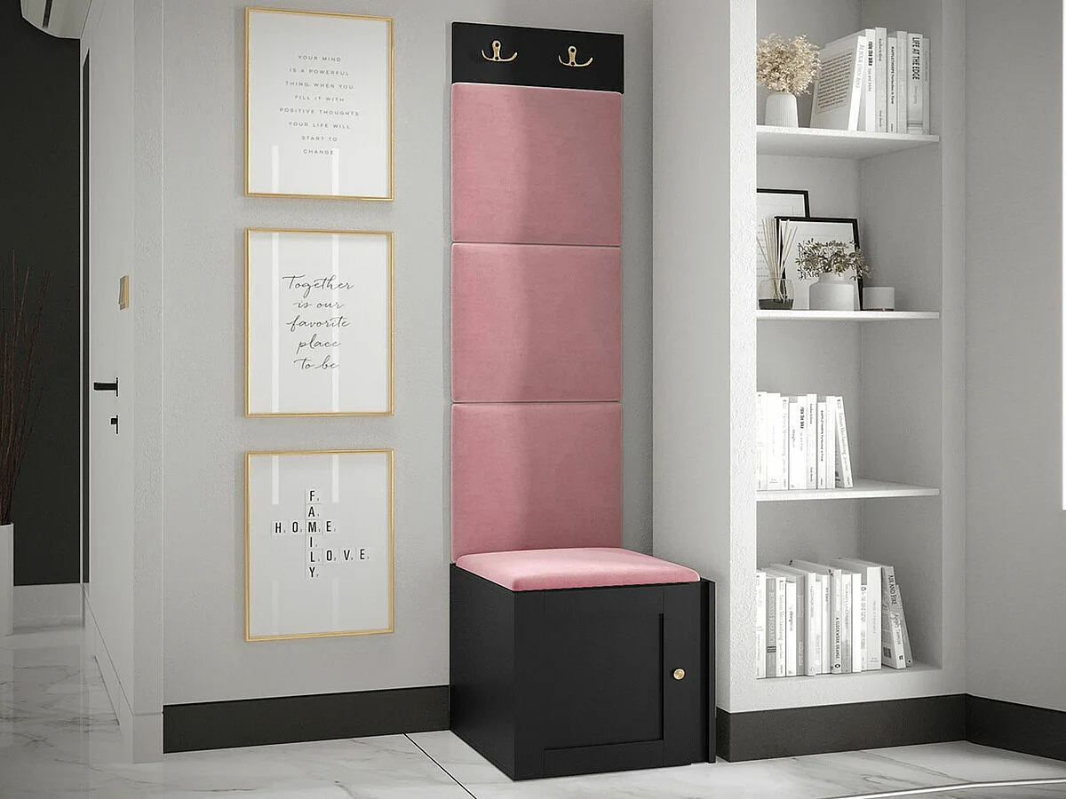 Meuble d'entrée Hartford 378, 186x42x46cm, Noir|Rose, MDF|Stratifié|Tissu, Murale|À poser