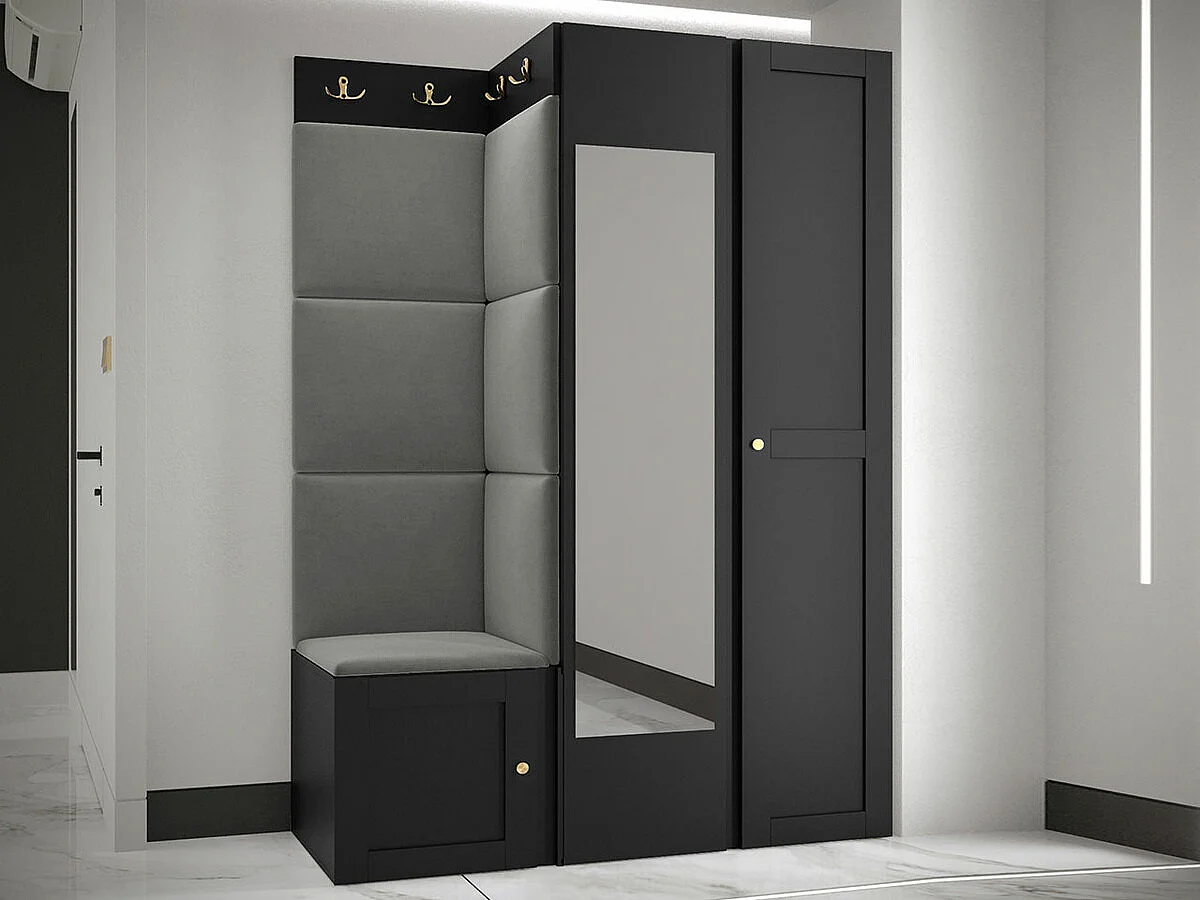 Meuble d'entrée Hartford 380, 186x116x46cm, Disponible, Noir|Gris, Stratifié|Tissu|MDF