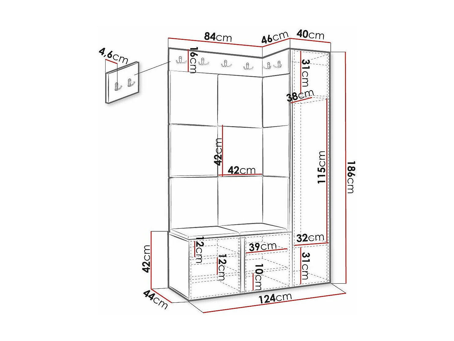 Meuble d'entrée Hartford 377, 186x124x46cm, Jaune|Noir, MDF|Stratifié|Tissu