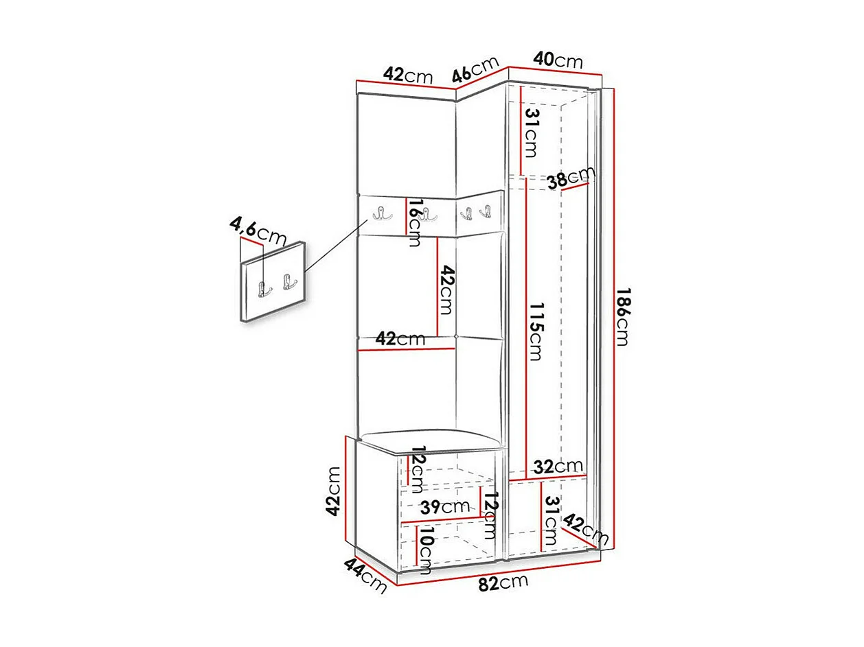 Meuble d'entrée Hartford 348, 186x82x44cm, Chêne Artisan|Noir, Stratifié|Faux cuir
