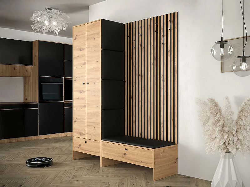 Meuble d'entrée Donio III, 206x145x44cm, Chêne Artisan|Noir, Stratifié|Faux cuir, À poser