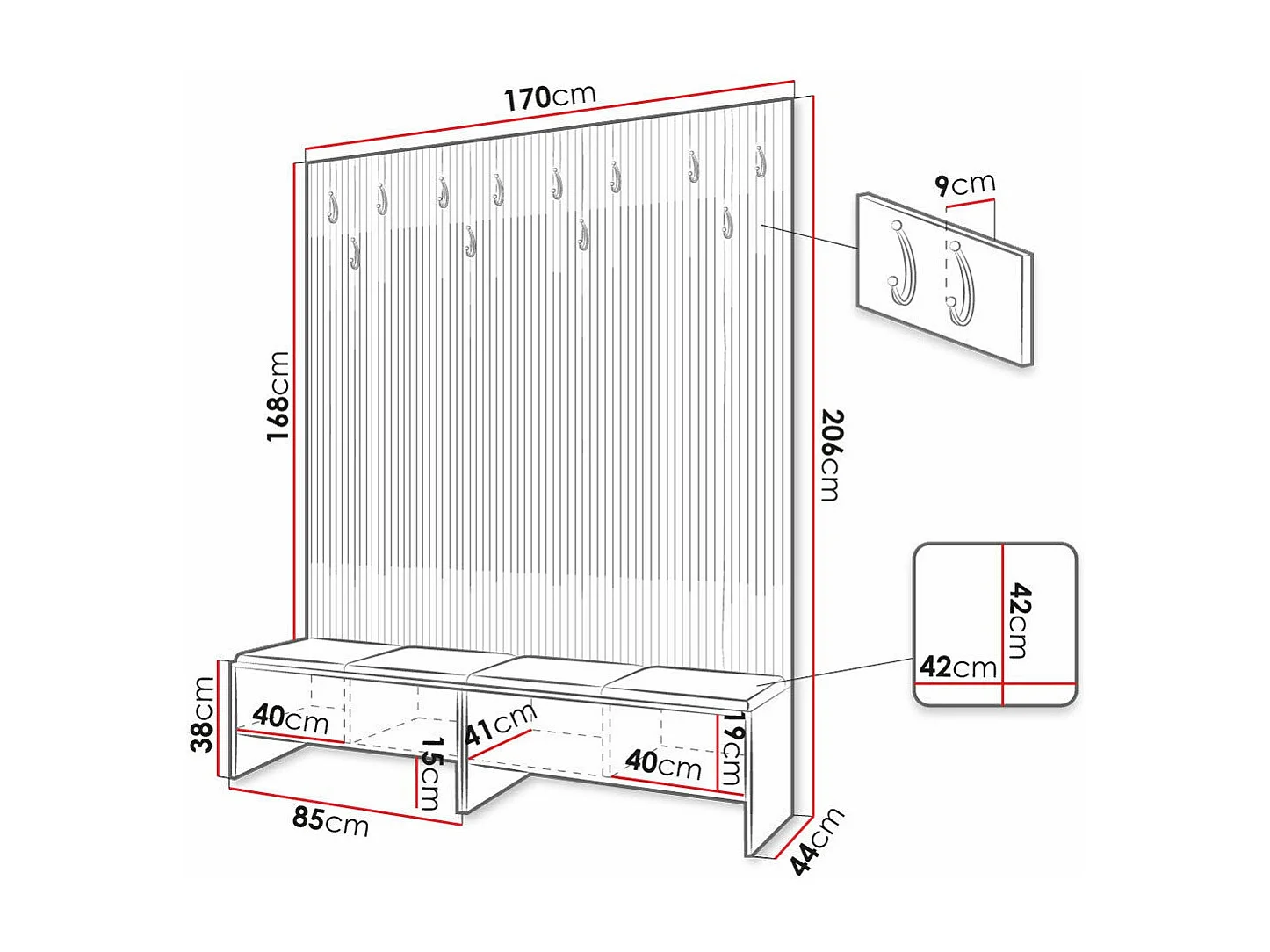 Meuble d'entrée Hartford 485, 206x170x44cm, Stratifié|Tissu, À poser