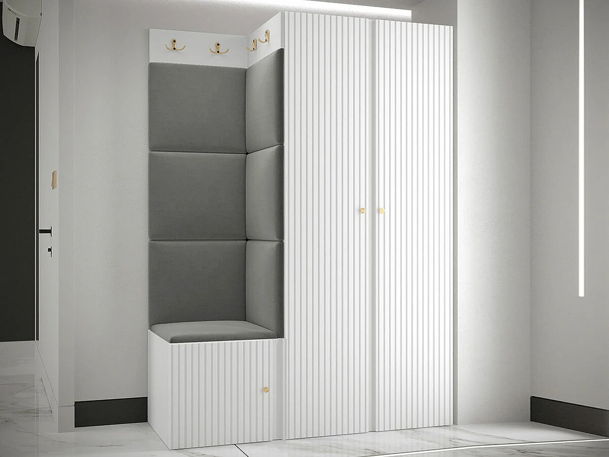 Meuble d'entrée Hartford 387, 186x116x46cm, Blanc|Gris, Stratifié|Tissu|MDF