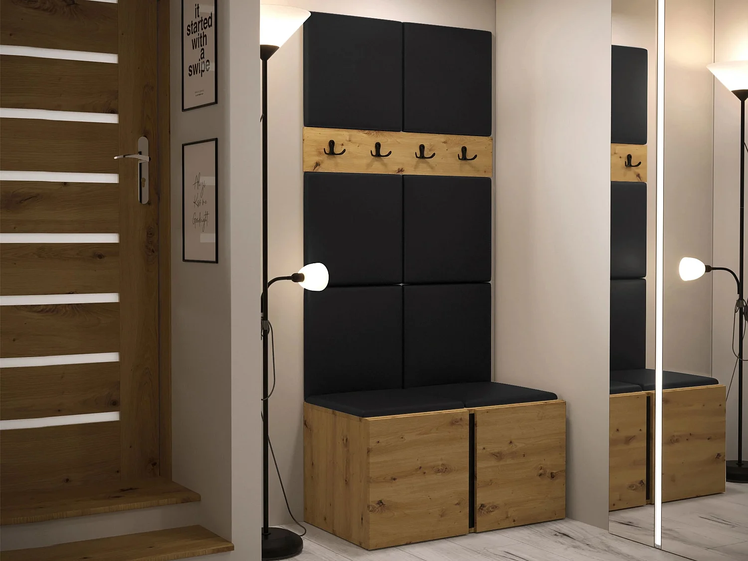 Meuble d'entrée Pinis IV, 186x84x46cm, Chêne Artisan, Stratifié|Faux cuir, Murale|À poser