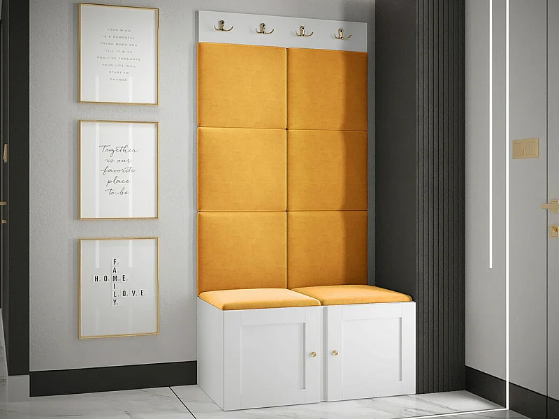 Meuble d'entrée Hartford 375, 186x84x46cm, Blanc|Jaune, Stratifié|Tissu|MDF
