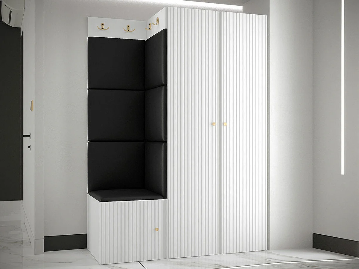 Meuble d'entrée Hartford 387, 186x116x46cm, Noir|Blanc, Stratifié|Faux cuir|MDF