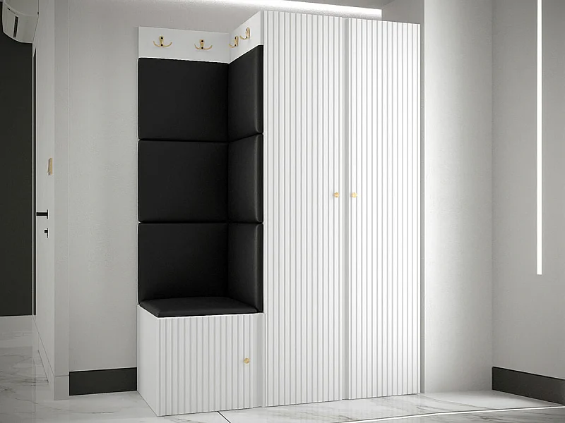 Meuble d'entrée Hartford 387, 186x116x46cm, Blanc|Noir, MDF|Stratifié|Faux cuir