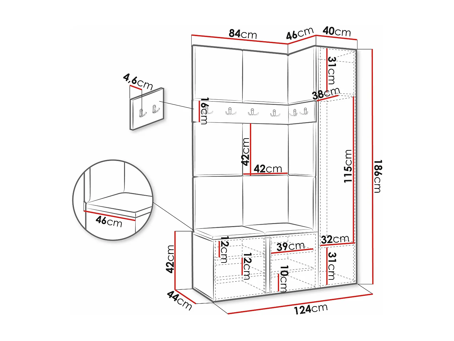 Meuble d'entrée Hartford 277, 186x124x46cm, Disponible, Chêne Artisan, À poser|Murale